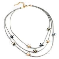 Small Crystal Flowers Leather Necklace, Silver