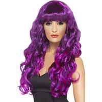 smiffys womens long and curly purple wig with bangs one size siren wig ...