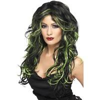 smiffys womens long green and black streaked wig with waves one size g ...