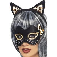 Smiffy\'s Midnight Kitty Eye Mask And Ear Set With Leopard Print And Gold