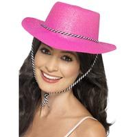 Smiffy\'s Cowboy Glitter Hat With Cord Plastic - Neon Pink