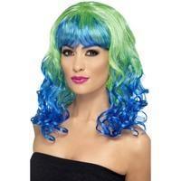 Smiffy\'s Divatastic Wig Curly With Blue Fringe - Green/blue