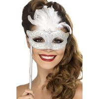 Smiffy\'s Fever Baroque Fantasy Eyemask With Feathers And Handle - Silver