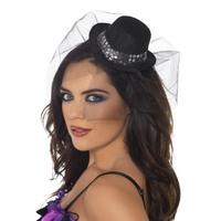 smiffys fever mini top hat on headband with sequin trim and netting bl ...