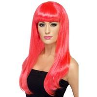 Smiffy\'s Babelicious Wig Long Straight With Fringe - Neon Pink