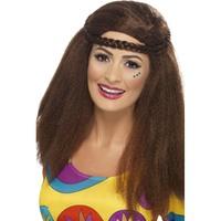 smiffys hippy chick long afro with plaited headband brown