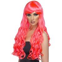 smiffys desire curly wig with fringe fuchsia long