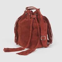 Small Fringed Suede Bucket Bag