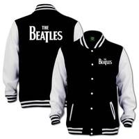 Small Black & White Men\'s The Beatles Drop T Logo Varsity Jacket