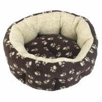 snug and cosy snuggle oval dog bed brown with cream paw 107cm