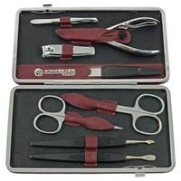 Sonnenschein Exclusiv German Made 8 Piece Steel Manicure Set in Bordeaux Red Leather Case with Metal Frame