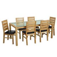 Solid Oak Glass Top Dining Table Set With Six Chairs