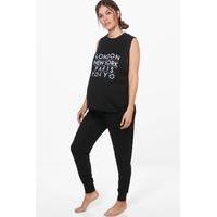 Sophia Slogan Printed PJ Set - black