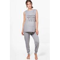 Sophia Slogan Printed PJ Set - grey