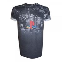 SONY PlayStation City Landscape All-Over Sublimation T-Shirt, Medium, Dark Grey