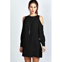 solid colour open shoulder shift dress black