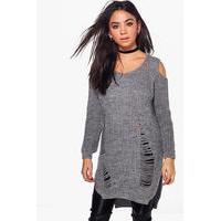 Soft Knit Cold Shoulder Distressed Jumper Dress - charcoal