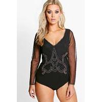 Sophie Long Mesh Sleeve Embellished Bodysuit - black