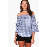 solana gingham off the shoulder woven top blue