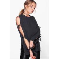Soft Rib Oversized Tie Sleeve Top - charcoal