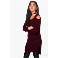 Soft Knit Cold Shoulder Distressed Jumper Dress - burgundy
