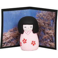 Springtime Pink Kokeshi Doll with Folding Screen