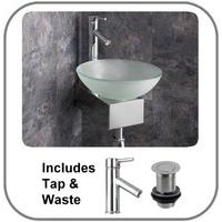 Space Saving Corner Mounted Monza Frosted 31cm Dia Glass Sink with Wall Mount and Tap