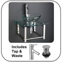 space saving monza 31cm dia round clear glass basin on 45cm glass shel ...