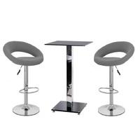 Spice Bar Table In Black Glass And 2 Leoni Grey Bar Stools