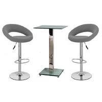 Spice Bar Table In Clear Glass And 2 Leoni Grey Bar Stools