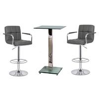 Spice Bar Table In Clear Glass And 2 Glenn Grey Bar Stools