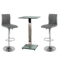 Spice Bar Table In Clear Glass With 2 Grey Ripple Bar Stools