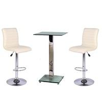 Spice Bar Table In Clear Glass With 2 Cream Ripple Bar Stools