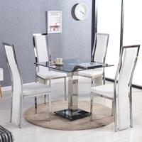 spectra glass dining table in black with 4 collete white chair