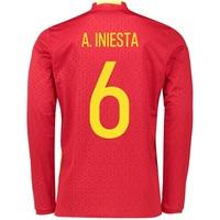 Spain Home Shirt 2016 - Long Sleeve Red with A.Iniesta 6 printing