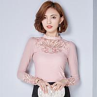 Spring Fall Going out Casual Plus Size Women\'s Blouse Solid Color Stand Collar Long Sleeve Lace Slim Tops
