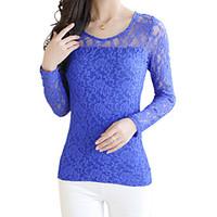 Spring Plus Size Women\'s Lace Hollowing Round Neck Long Sleeve Slim Bottoming Shirt