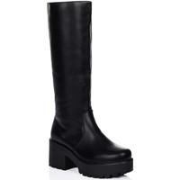 Spylovebuy ROCKFORD Platform Block Heel Knee High Biker Boots - Black Leat women\'s High Boots in black