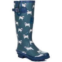 Spylovebuy IGLOO Knee High Flat Festival Wellies Rain Boots - Blue Pug women\'s Wellington Boots in blue