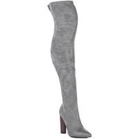 Spylovebuy VAGAS Pointed Toe Block Heel Over Knee Tall Boots - Grey Suede women\'s High Boots in grey