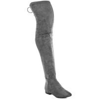Spylovebuy AMARYLLIS Lace Up Block Heel Over Knee Tall Boots - Grey Suede women\'s High Boots in grey
