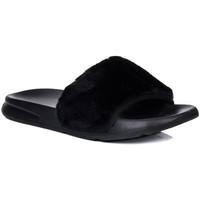 Spylovebuy RUM Open Peep Toe Flat Slipper Slider Sandals Shoes - Black Fur women\'s Mules / Casual Shoes in black