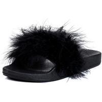spylovebuy elesia faux feather sliders flat sandals shoes black rubber ...