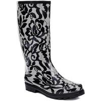 Spylovebuy CHANTILLY Buckle Flat Festival Wellies Rain Boots - Black Lace women\'s Wellington Boots in black