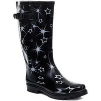 Spylovebuy CHANTILLY Buckle Flat Festival Wellies Rain Boots - Black Star women\'s Wellington Boots in black