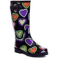 Spylovebuy CHANTILLY Buckle Flat Festival Wellies Rain Boots - Black Heart women\'s Wellington Boots in black
