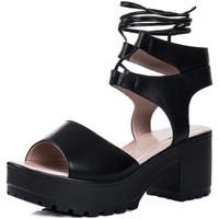 Spylovebuy Molly Open Peep Toe Mid Heel Sandals Shoes - Black Leather Styl women\'s Sandals in black