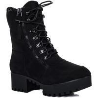 Spylovebuy YANGTZE Lace Up Cleated Sole Zip Platform Block Heel Military C women\'s Low Ankle Boots in black