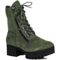 Spylovebuy YANGTZE Lace Up Cleated Sole Zip Platform Block Heel Military C women\'s Low Ankle Boots in green