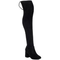 spylovebuy sleek lace up flared block heel thigh boots black suede sty ...